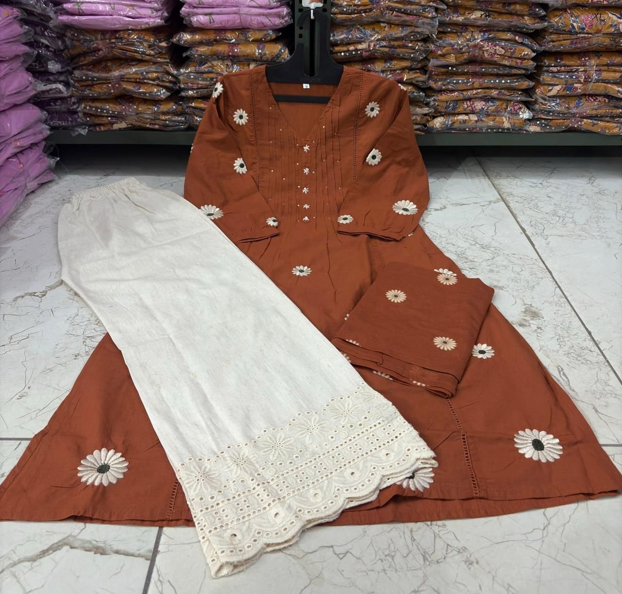 Brown Cotton Embroidered Kurti Set with Dupatta